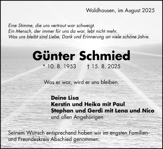 Traueranzeige von Günter Schmied von Schwäbische Post