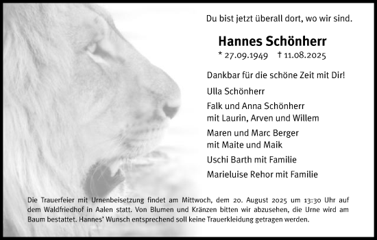 Traueranzeige von Hannes Schönherr von Schwäbische Post