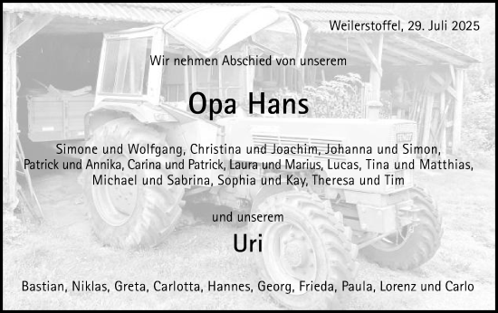 Traueranzeige von Hans  von Gmünder Tagespost