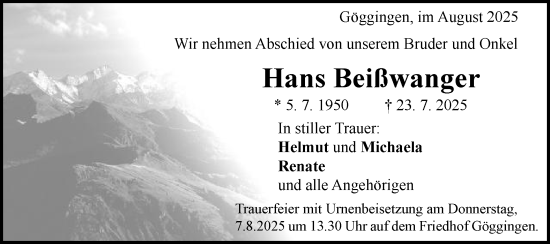 Traueranzeige von Hans Beißwanger von Gmünder Tagespost