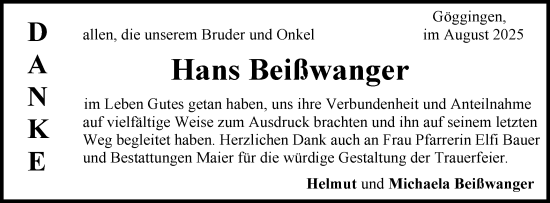 Traueranzeige von Hans Beißwanger von Gmünder Tagespost