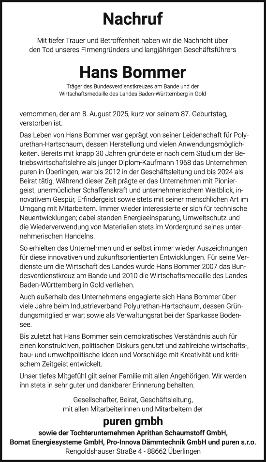 Traueranzeige von Hans Bommer von Schwäbische Post