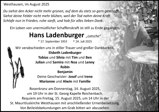 Traueranzeige von Hans Ladenburger von Schwäbische Post