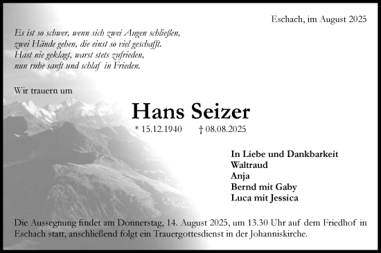 Traueranzeige von Hans Seizer von Gmünder Tagespost