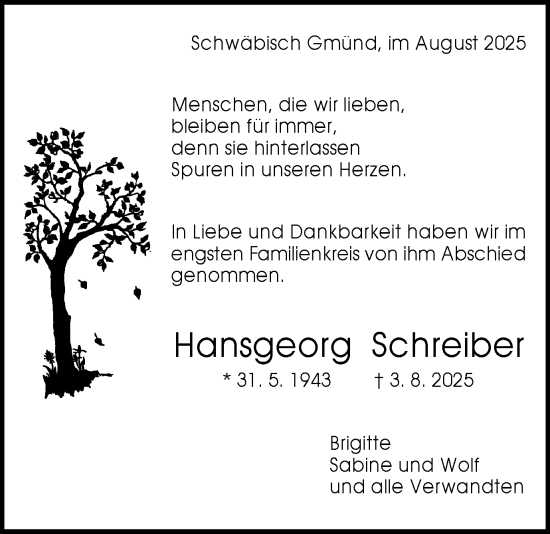 Traueranzeige von Hansgeorg Schreiber von Gmünder Tagespost