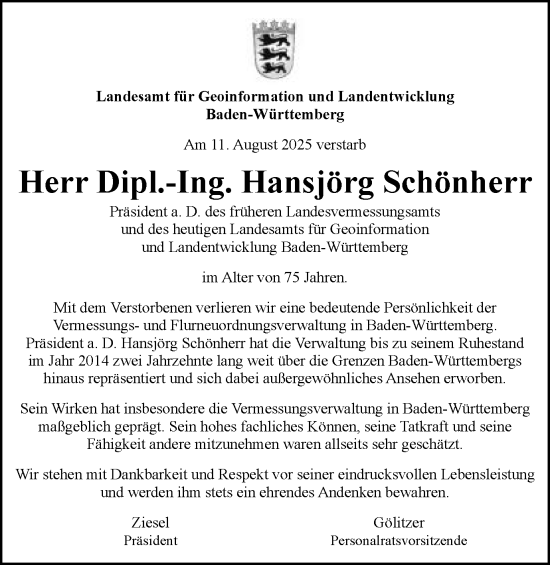 Traueranzeige von Hansjörg Schönherr von Schwäbische Post
