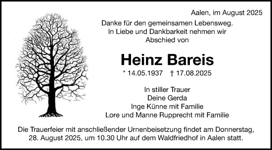Traueranzeige von Heinz Bareis von Schwäbische Post