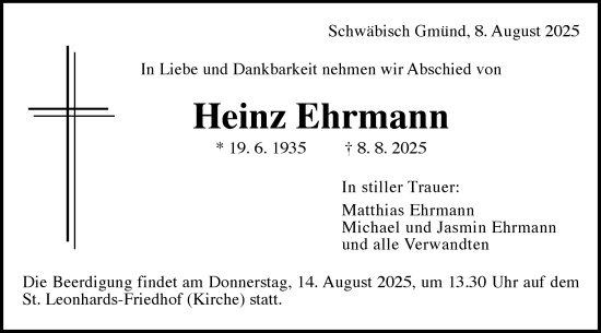 Traueranzeige von Heinz Ehrmann von Gmünder Tagespost