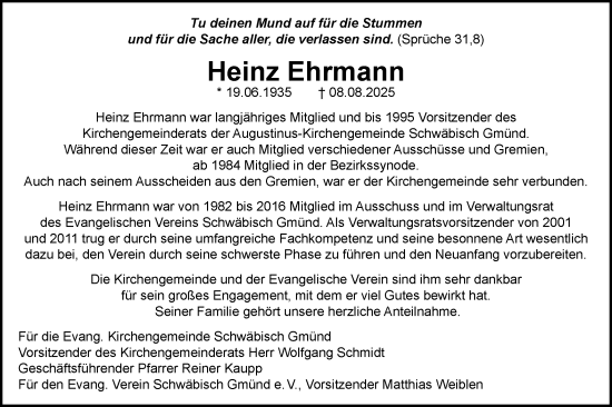Traueranzeige von Heinz Ehrmann von Gmünder Tagespost