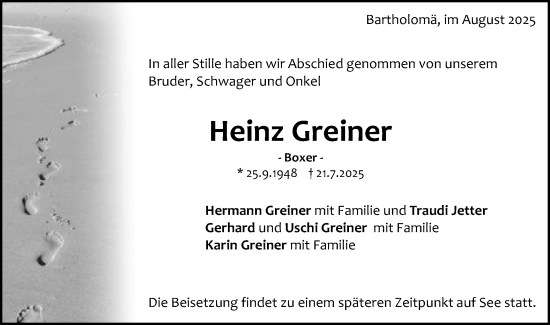 Traueranzeige von Heinz Greiner von Gmünder Tagespost