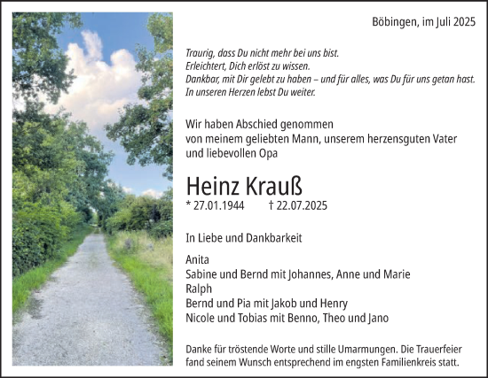 Traueranzeige von Heinz Krauß von Gmünder Tagespost