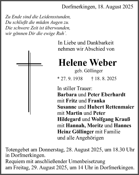 Traueranzeige von Helene Weber von Schwäbische Post
