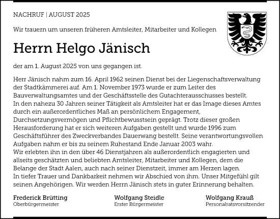 Traueranzeige von Helgo Jänisch von Schwäbische Post