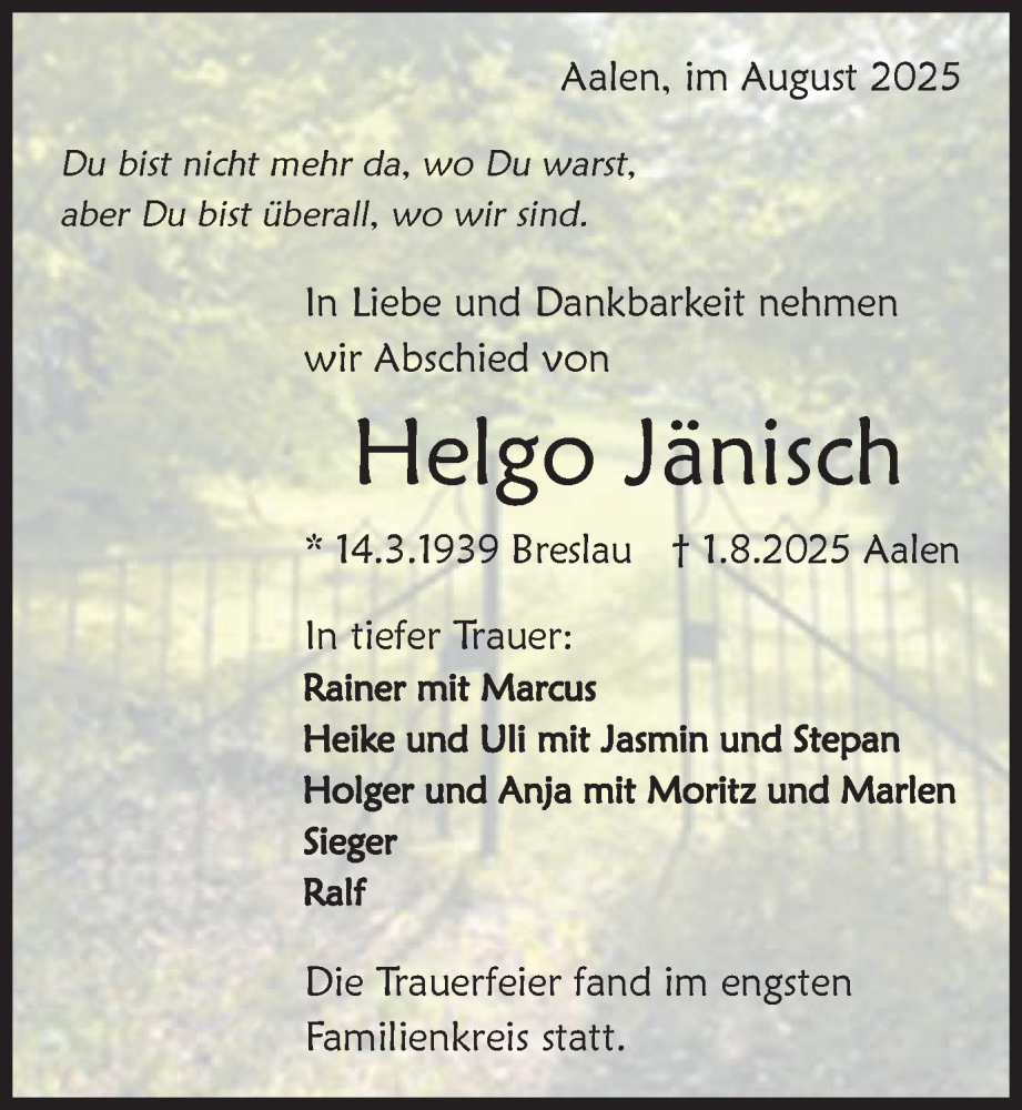  Traueranzeige für Helgo Jänisch vom 09.08.2025 aus Schwäbische Post