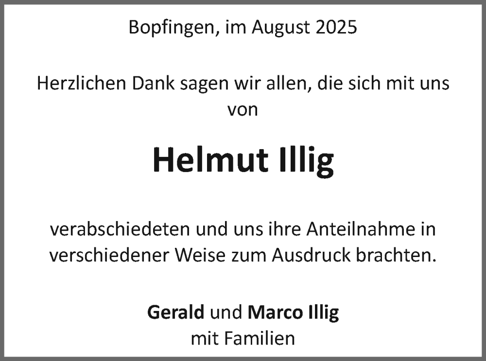  Traueranzeige für Helmut Illig vom 30.08.2025 aus Schwäbische Post