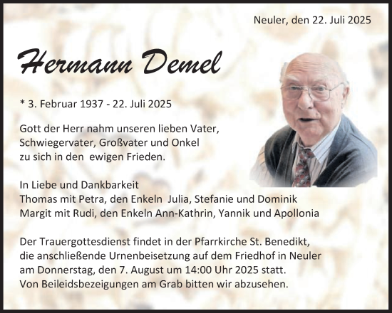 Traueranzeige von Hermann Demel von Schwäbische Post