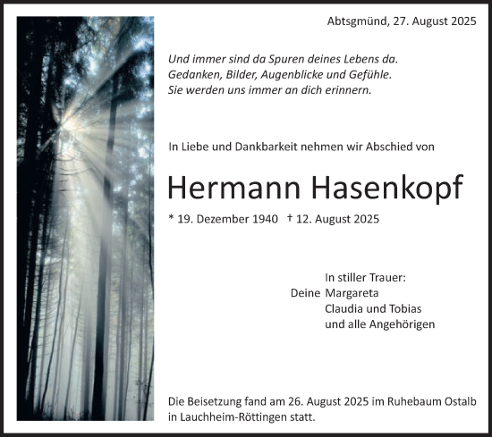 Traueranzeige von Hermann Hasenkopf von Schwäbische Post