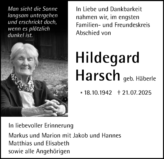 Traueranzeige von Hildegard Harsch von Schwäbische Post