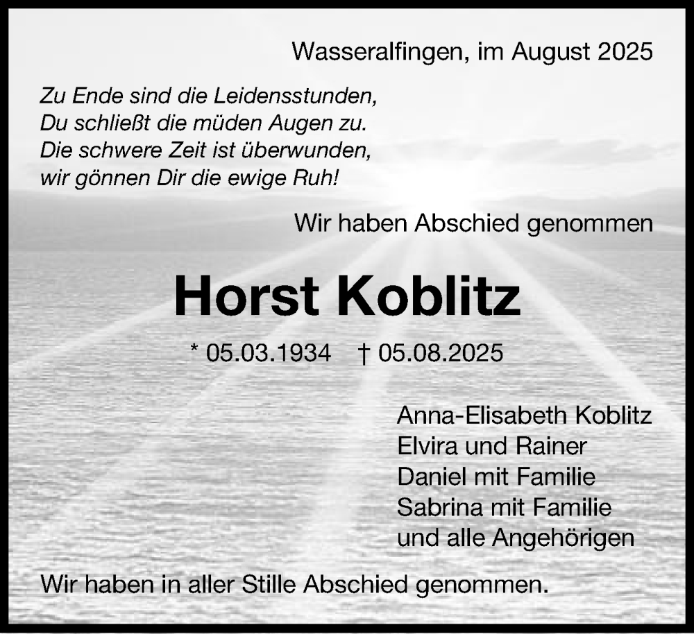  Traueranzeige für Horst Koblitz vom 15.08.2025 aus Schwäbische Post