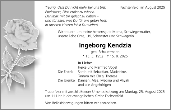 Traueranzeige von Ingeborg Kendzia von Schwäbische Post