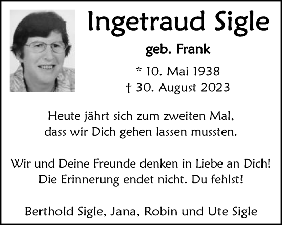 Traueranzeige von Ingetraud Sigle von Schwäbische Post
