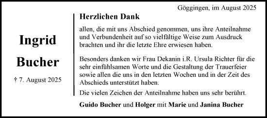 Traueranzeige von Ingrid Bucher von Gmünder Tagespost