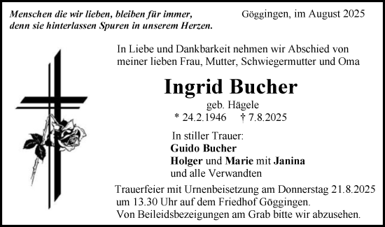 Traueranzeige von Ingrid Bucher von Gmünder Tagespost