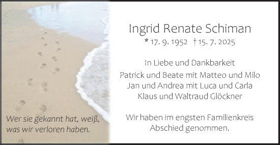 Traueranzeige von Ingrid Renate Schiman von Gmünder Tagespost