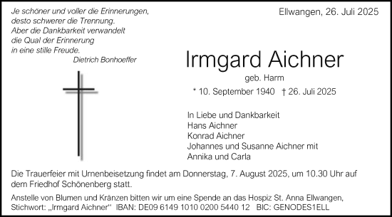 Traueranzeige von Irmgard Aichner von Schwäbische Post
