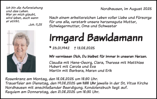 Traueranzeige von Irmgard Bawidamann von Schwäbische Post