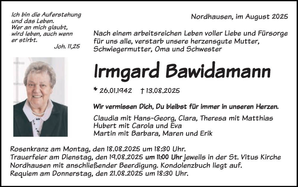  Traueranzeige für Irmgard Bawidamann vom 16.08.2025 aus Schwäbische Post