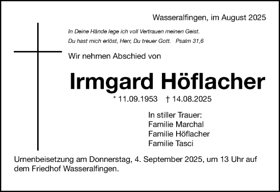 Traueranzeige von Irmgard Höflacher von Schwäbische Post