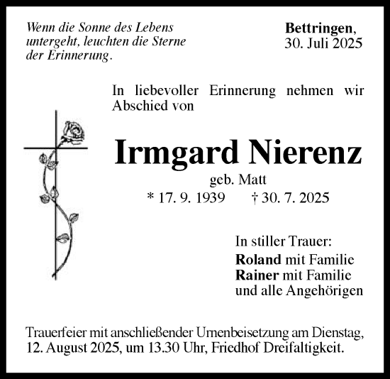 Traueranzeige von Irmgard Nierenz von Gmünder Tagespost