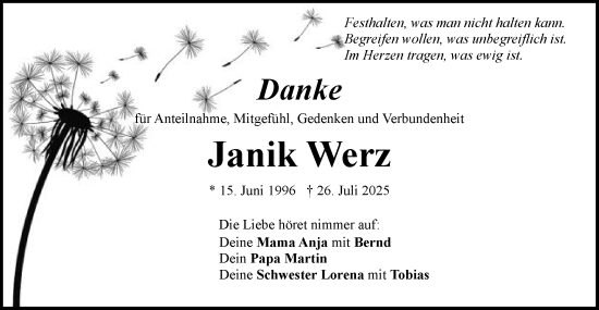 Traueranzeige von Janik Werz von Schwäbische Post