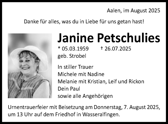 Traueranzeige von Janine Petschulies von Schwäbische Post