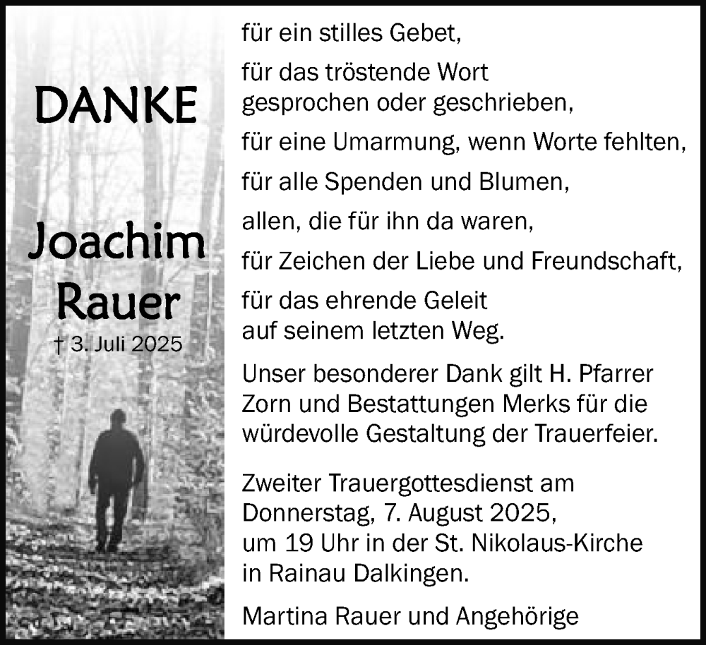  Traueranzeige für Joachim Rauer vom 02.08.2025 aus Schwäbische Post