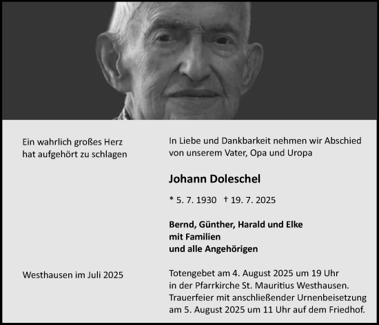 Traueranzeige von Johann Doleschel von Schwäbische Post