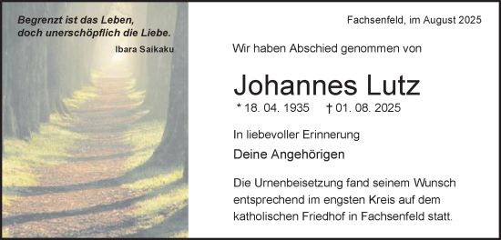 Traueranzeige von Johannes Lutz von Schwäbische Post