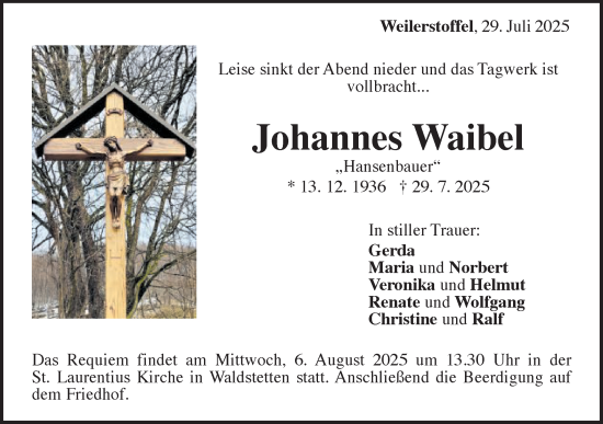 Traueranzeige von Johannes Waibel von Gmünder Tagespost