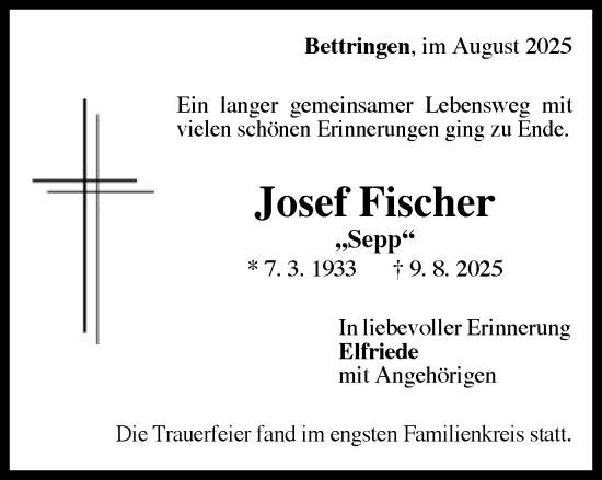 Traueranzeige von Josef Fischer von Gmünder Tagespost