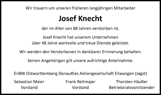Traueranzeige von Josef Knecht von Schwäbische Post