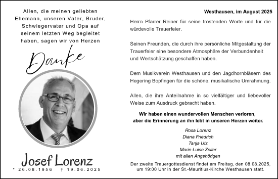 Traueranzeige von Josef Lorenz von Schwäbische Post