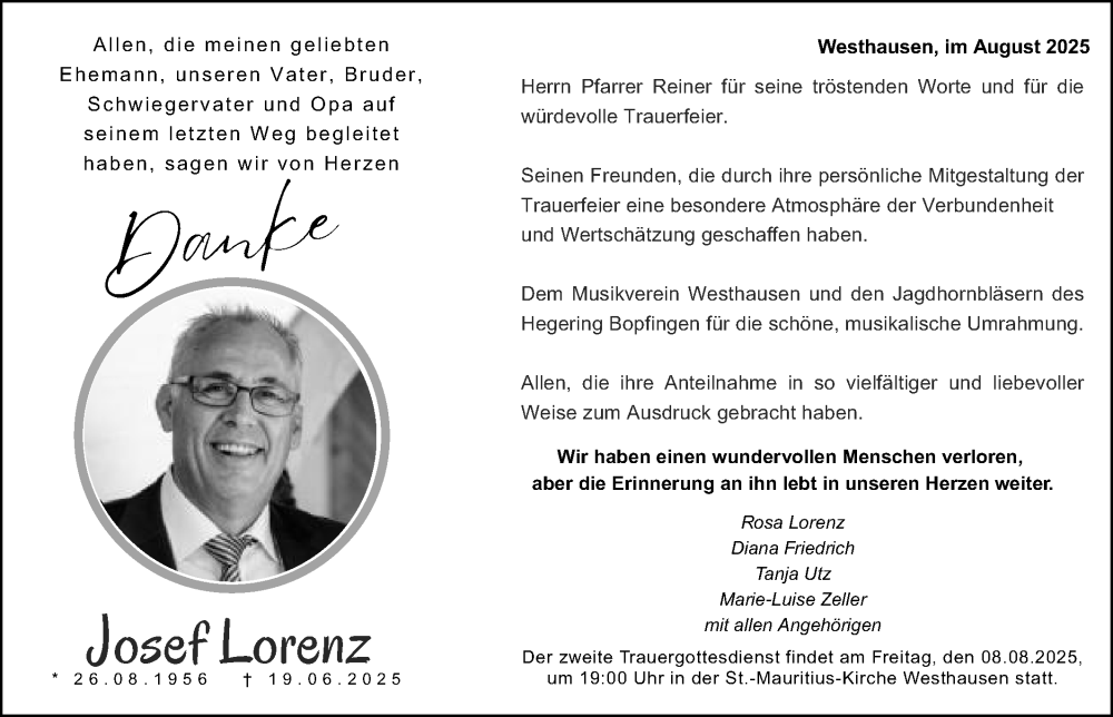  Traueranzeige für Josef Lorenz vom 04.08.2025 aus Schwäbische Post