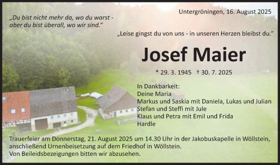 Traueranzeige von Josef Maier von Schwäbische Post