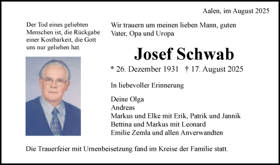 Traueranzeige von Josef Schwab von Schwäbische Post