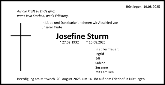 Traueranzeige von Josefine Sturm von Schwäbische Post