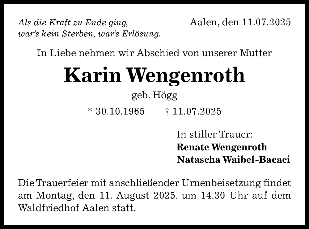 Traueranzeige für Karin Wengenroth vom 08.08.2025 aus Schwäbische Post