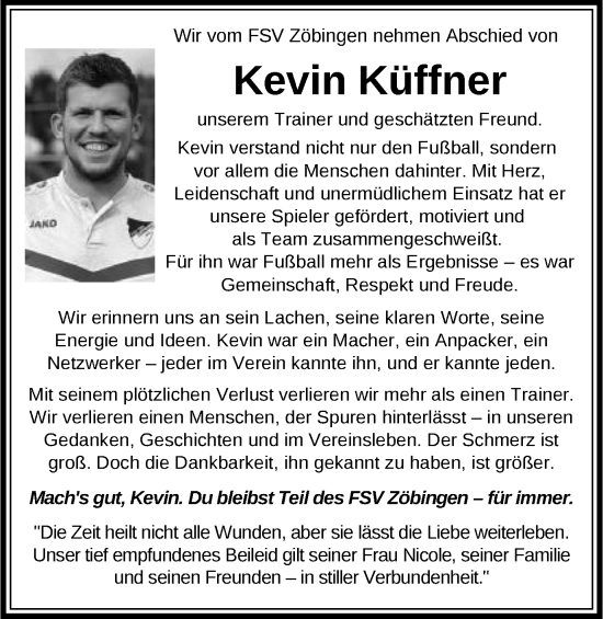 Traueranzeige von Kevin Küffner von Schwäbische Post