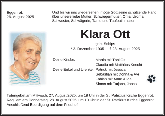 Traueranzeige von Klara Ott von Schwäbische Post