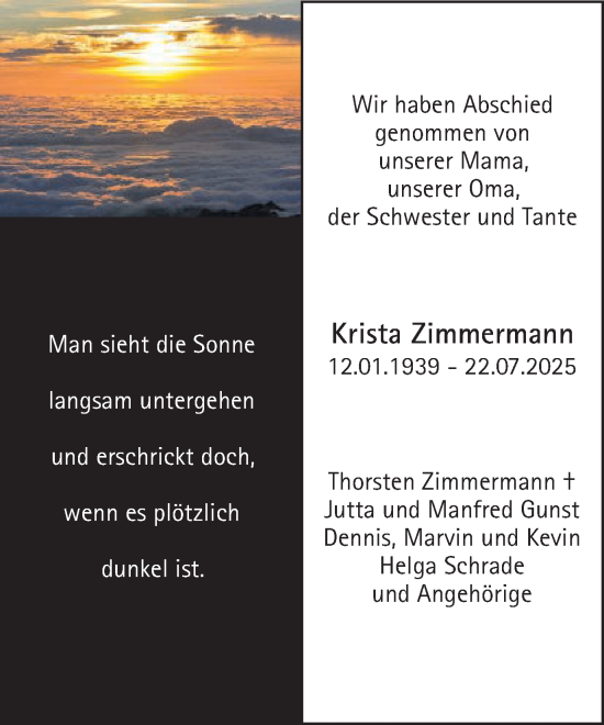 Traueranzeige von Krista Zimmermann von Gmünder Tagespost